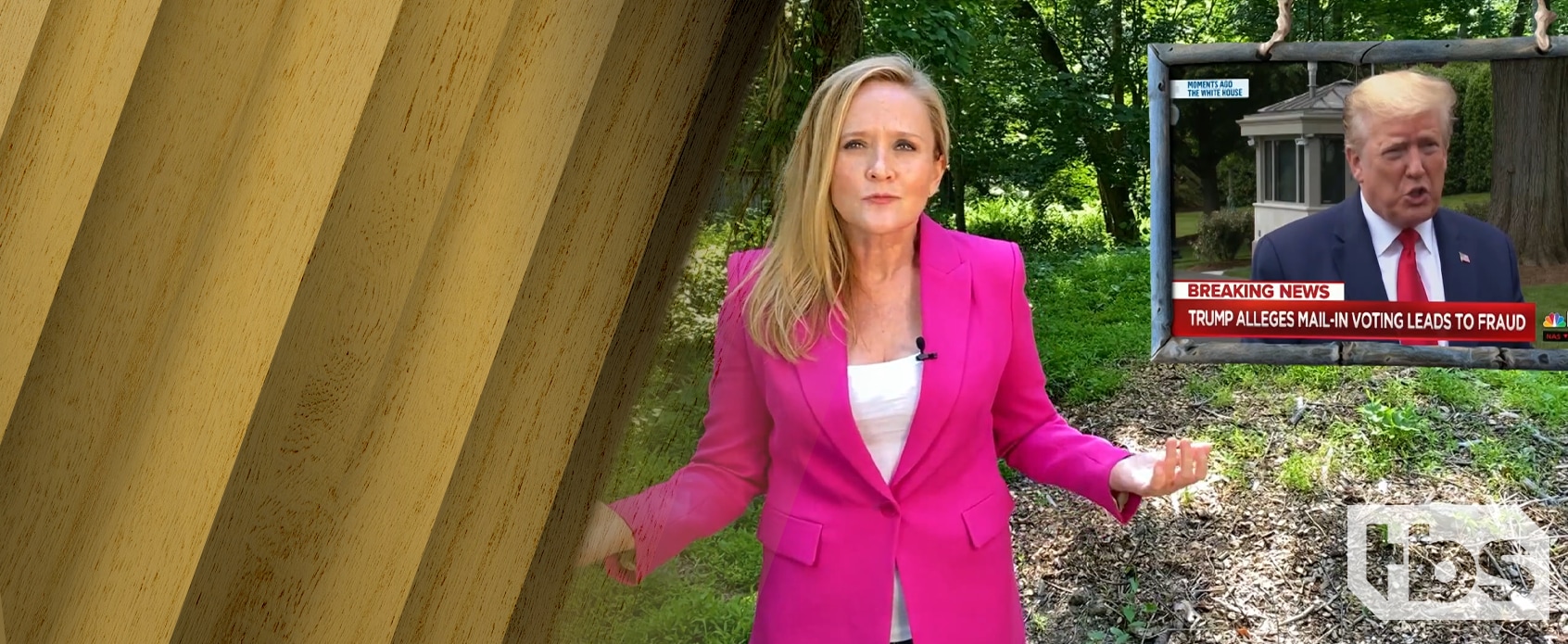 Full Frontal With Samantha Bee's Sam Bee speaks directly into the camera with a hot pink blazer and a breaking news graphic of Donald Trump behind.